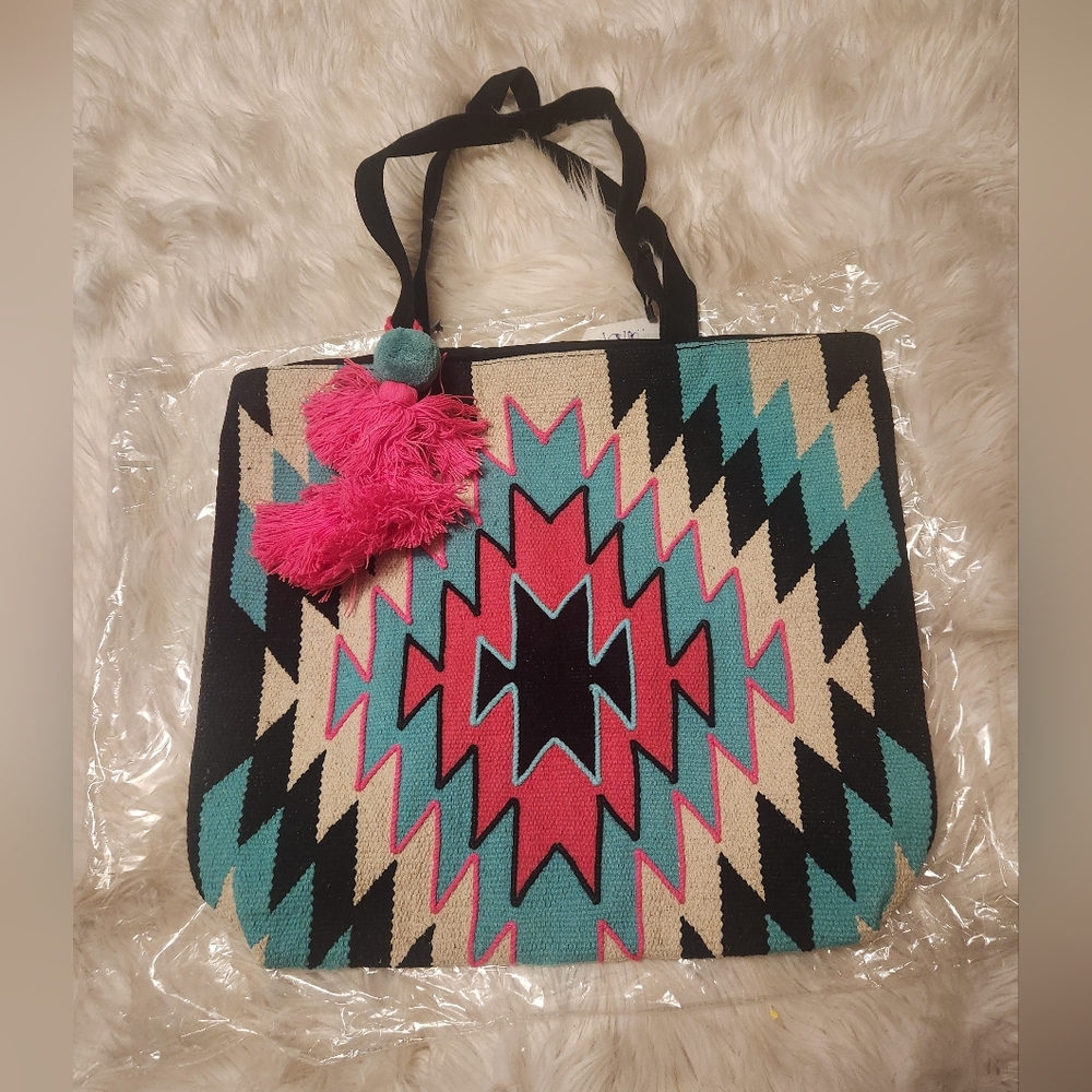 Sterling Kreek Southwestern Tote (XL) with Pom Poms and Tassels Aztec Tribal